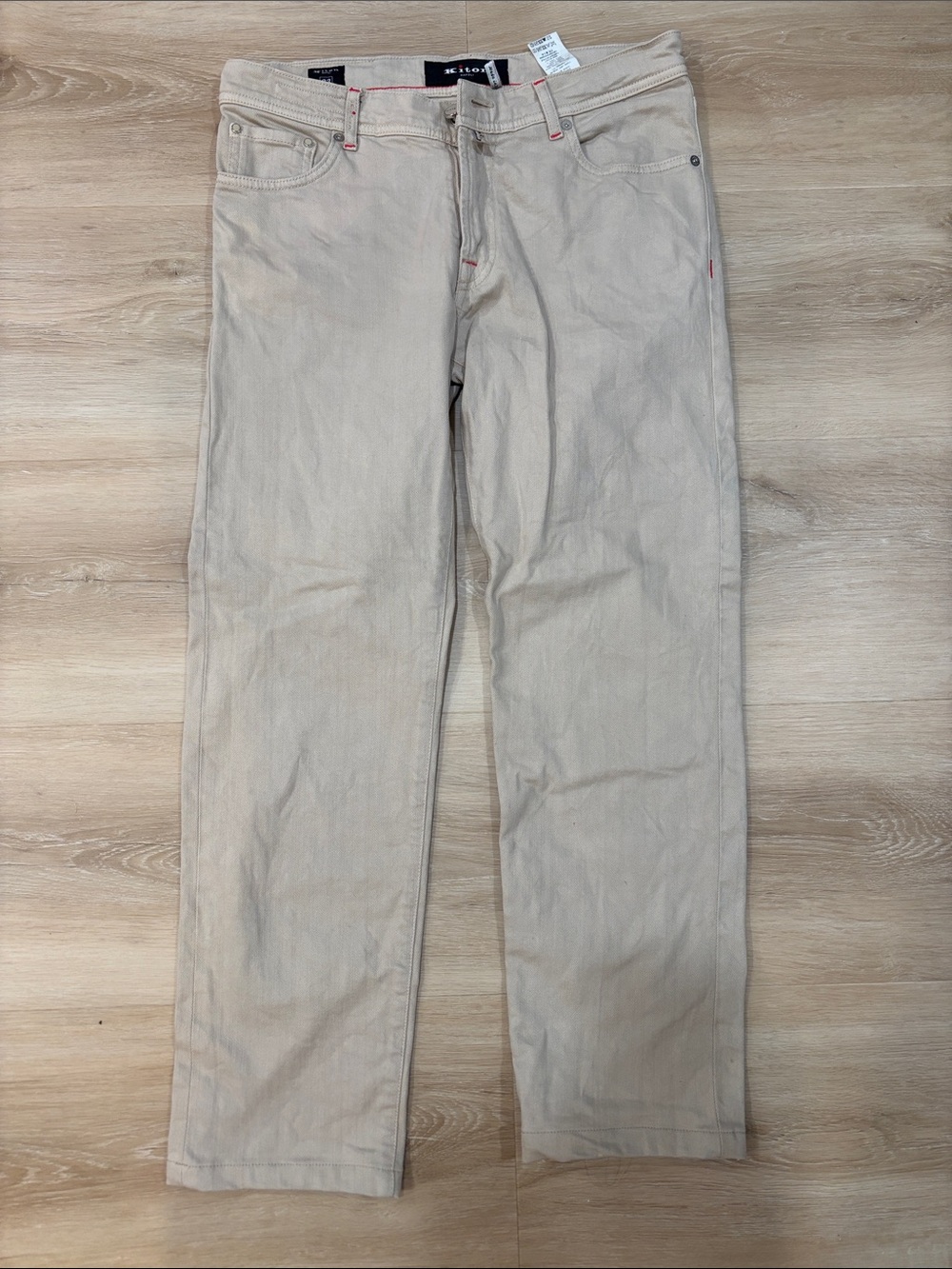 Kiton Light Beige Chinos with Red Stitch Accents